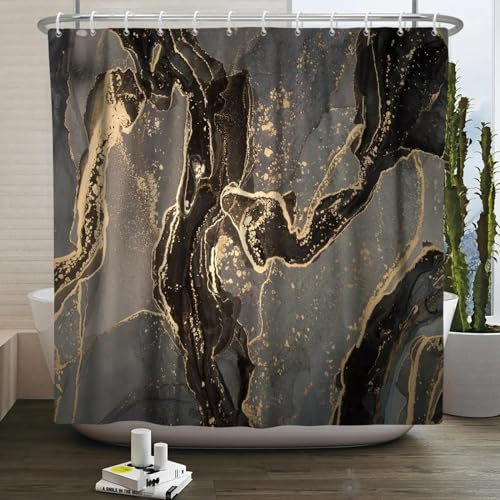 18meng Art Duschvorhang braunes Gold 280x180 cm Modern Abstrakt Marmor Optik Textur Farbverlauf Kuns Wasserdicht Duschvorhänge Polyester Stoff Waschbar Bad Vorhang mit 12 Haken
