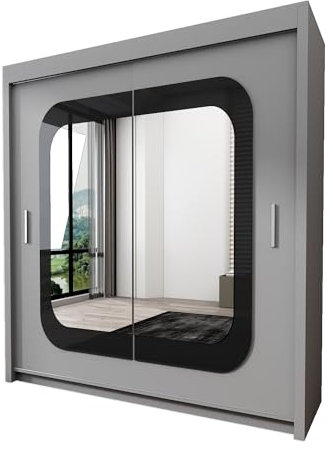 INTERWOOD Sliding Door Wardrobe with Mirror – Sleek Matt Finish Double Doors Storage Cabinet with Hanging Rail, Adjustable Shelves & Chrome Handles for Bedroom Furniture 203 cm (grey)