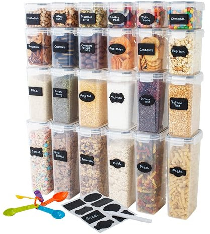 Pantry Perfect 24-Piece Airtight Food Storage and Kitchen Organisation Set, BPA-Free Clear Plastic Containers with Durable Lids for Cereal, Flour, Sugar - Includes Labels, Marker & Spoon Set