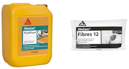 SikaCem Fluidifiant, Superplastifiant pour mortiers et béton & em Fibres 12, Fibres synthétiques 12mm pour micro-bétons et bétons, 600g, Blanc