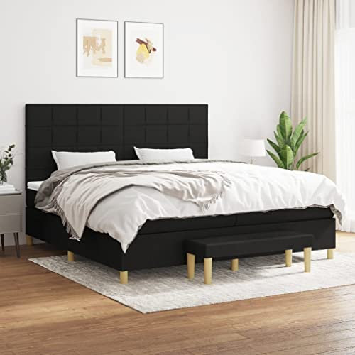 Homgoday Boxspringbett mit Matratze Polsterbett Doppelbett Einzelbett Gästebett Bett mit Lattenrost & Bettbank Bettgestell mit Kopfteil (Block mit Quadraten) Schwarz 200x200 cm Stoff