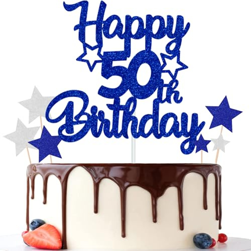 Gidobo 50th Birthday Cake Toppers, Blue Glittery Cake Decorations with Stars, Fifty Years Old Birthday Party Supplies for Men and Women