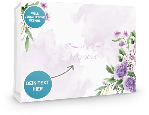 Verpackungswelt Personalisierte Geschenk-Box zur Hochzeit | 31x22x10 cm | Magnetische Geschenk-Verpackung mit Deckel | Geschenk-Karton für Hochzeitsgeschenke | Süßes Design mit Blumen in Lila