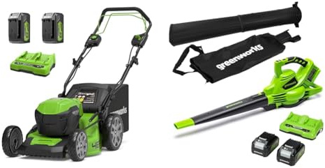 Greenworks 48V (2x24V) Selbstfahrender Akku Rasenmäher & 48V(2x24V) Akku Laubsauger/Laubbläser mit Schultergurt