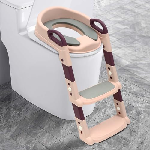 Toilettensitz Baby mit Treppe, Toilettensitz Kinder, Toilettentrainer faltba, mit PU Gepolstert & 4 rutschfesten Gummipads einstellbare Höhe mit Rutschfesten Pedalen, für 2-7 Kinder alt (Rosa)
