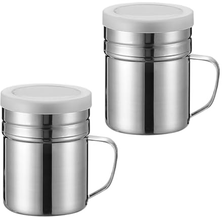 GSHLLO 2 Pcs Stainless Steel Powder Sugar Shaker Cinnamon Powder Shaker Duster Fine Mesh Shaker Powder Cans Cocoa Flour Shaker with Handle Lid for Cinnamon Pepper, Silver