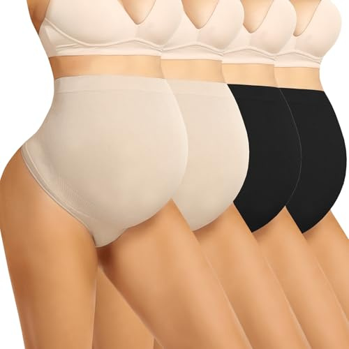 Boguish Maternity Underwear Thong Over Bump - Pregnancy Shapewear Over Belly Support Seamless Pregnant Panties for Women Black/Nude