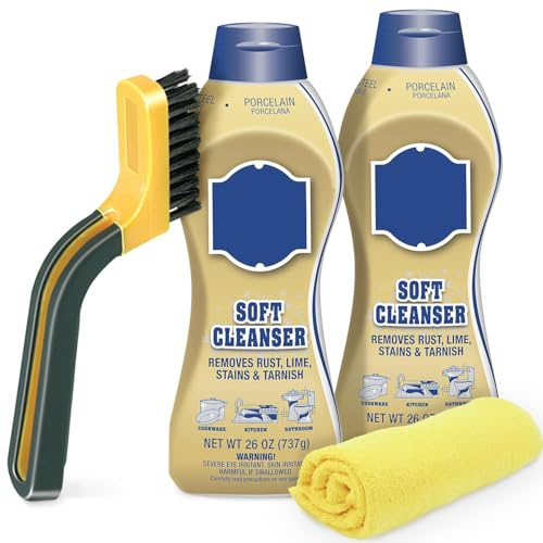 Plexon Soft Cleanser, Multipurpose Cleaner and Rust Stain Remover with Grout Brush and Microfiber Towel - 26oz (Pack of 2)