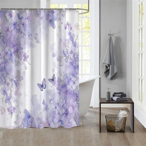 Duschvorhang Purple 180x200cm Beschwerter Saum Wasserdicht Duschvorhänge Waschbar Stoff Shower Curtains Mit Ösen Duschvorhangringe Faltbarer Bad Curtain Badewanne Badezimmer Vorhang Gardinen 1126