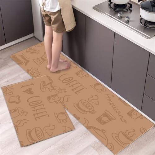 Sxdgus küchenteppich rutschfeste 2 Stück Kaffee Minimalistisch Küchenläufer Teppich Waschbar Saugfähige Geschenk Ölbeständig Weich Anti-Müdigkeit Küchenmatten für Küche Waschküche 50x80cm+50x160cm