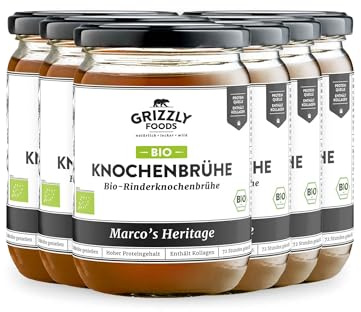 Grizzly Foods • BIO Rinderknochenbrühe (6 x 500ml) • 25g Kollagen pro Glas • 72 Stunden lang gekocht • 100% natürlich • Ohne Zucker, ohne Zusätze • Wertvolle Nährstoffe • Bone Broth • Knochenbrühe