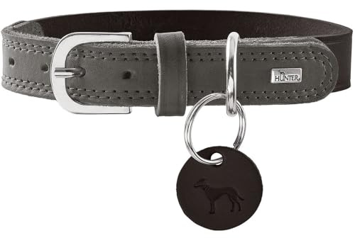HUNTER Lemvig Hundehalsband | Rindsleder, belastbar & strapazierfähig, angenehm weich, komfortabel, Made in Germany, Farbe: Schwarz/Steingrau, Größe: 50