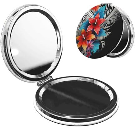 Kompakter Spiegel, Reise-Make-up-Spiegel, tragbarer Taschenspiegel, Blumenmuster, Tribal-Muster, Make-up-Spiegel, PU-Leder, doppelseitige Vergrößerung, 1x/2-fache Vergrößerung, Reisespiegel für