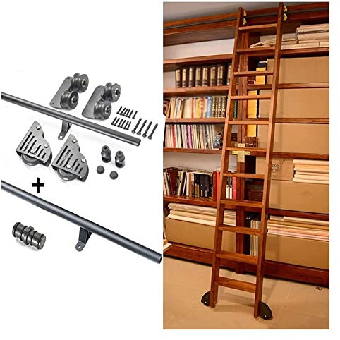 Bibliotheks-Schiebeleiter-Hardware-Kit, runde Schiene, schwarzes, rundes Stahlrohr, mobile Leiterschiene für Zuhause/drinnen/auf dem Dachboden, mit Bodenrollen, einfarbig, 300 cm, einfarbig, 600 cm