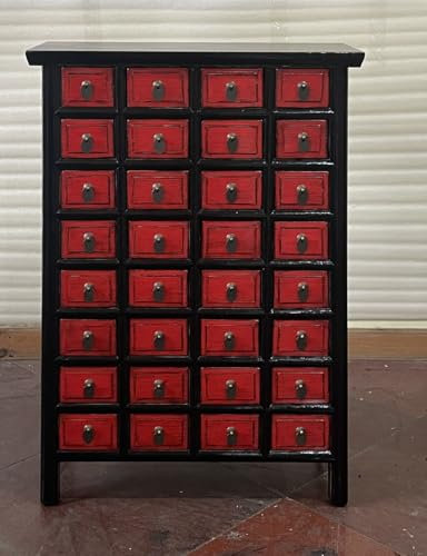 Antiker Apothekerschrank Aktenschrank Büroschrank Apotheke Schrank Sideboard Kommode Kommodenschrank Sideboardschrank mit 32 Schubladen Breite75xHöhe109cm Farbe schwarz mit rot
