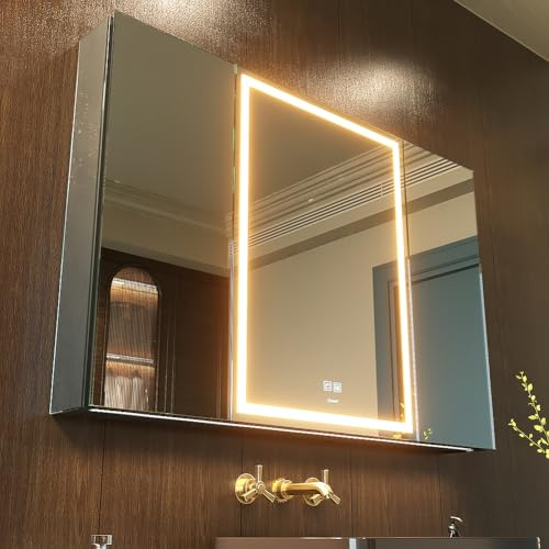 GANPE LED Beleuchtetes Badezimmer Medizin Spiegel Schrank, Defog, Stufenloses Dimmen, Speicher 3-Farben Modus, Speicher Regale, Steckdosen & USBs (3 Türen, 100 x 70 cm)