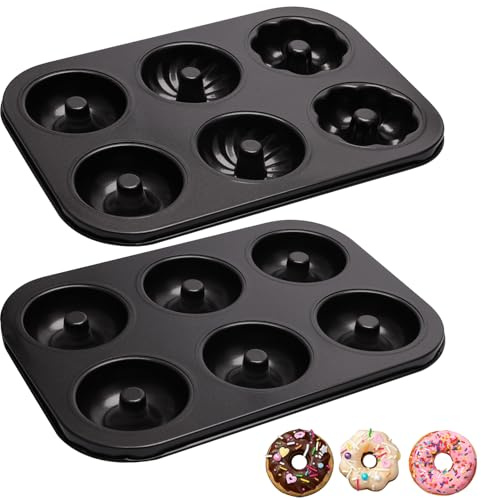 Zhaoyao 2 Pack Donut Pans, Carbon Steel Donut Pan for Baking with 6 Holes Non-Stick Stackable 10.35 x 7.28 Doughnut Pans Oven Safe Donut Molds for Bagels, Mini Cakes and Muffins