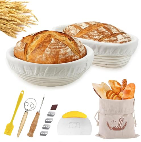 VIRAHYEM Round Oval Natural Rattan Bread Proofing Basket, 15Pcs Sourdough Starter Kit, Sourdough Bannetons Proving Basket with Liner and Bread Making Tools