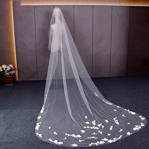 Hochzeitsschleier mit 3D-Blumen und Perlen, Brautschleier, Lange Schleppe, Brautparty, Schleier der Braut, 3 Meter, Hochzeit (Off-White)