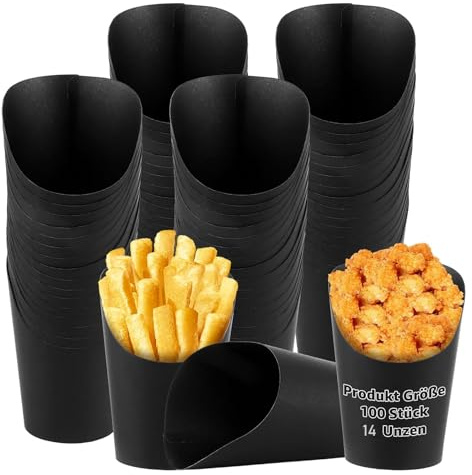 FWEEK 100 Stück Pommes Becher Kraftpapier, 14oz Schwarzer Pommes Frites Becher, Snacker Pappbecher, Kraftpapier Pommestüte Pommesbecher für Waffeln, Pommes Frites, Popcorn und Eiscreme