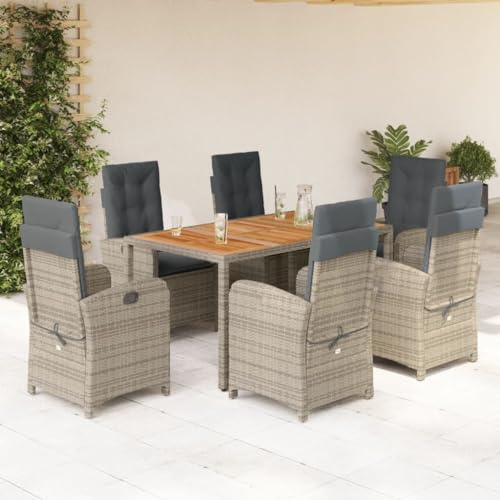 Verderoom Gartenmöbel Set 6 Stühle Mit Tisch, Rattan Sitzgruppe, Verstellbar Garten Essgruppe, Gartentisch Mit Stühlen, mit Kissen Grau#2 7-TLG