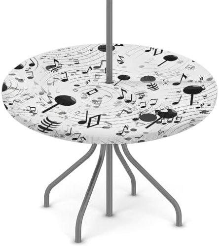 Woltant Tovaglia rotonda con foro per ombrellone e cerniera, facile da pulire, con bordi elastici, protezione per tavolo da giardino, patio, barbecue (nota musicale)