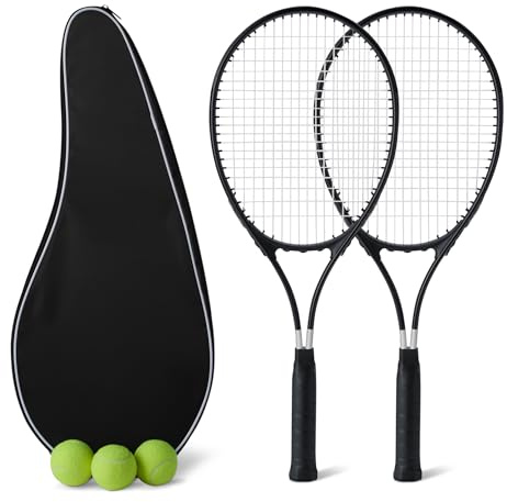 Amazon Basics Set di racchette da tennis, incluse 2 racchette da 68,5 cm, 3 palline, 2 overgrip, Nero