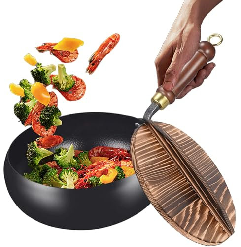 Sartén de hierro sin revestimiento con tapa y mango de madera, multifuncional de hierro fundido duradero forjado a mano, sartén antiadherente de fondo para inducción, eléctrica