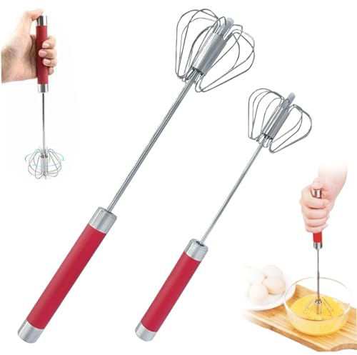 Fouet semi-automatique, acier inoxydable rotatif poussoir à œufs, 10 pouces batteur d'oeufs efficaces pour cuisiner du lait de maison de cuisine (rouge)
