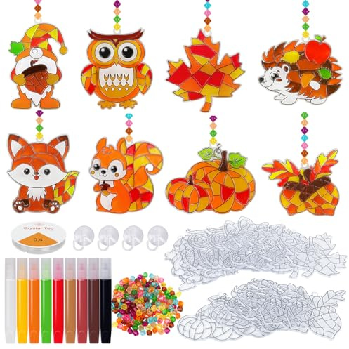 AHIKY Herbst Sonnenfänger Basteln Set, 24 Stück Herbstdeko Basteln für Kinder, Kürbis Igel Eule zum Bemalen Fensterdeko Kreativsets, DIY Fensterbilder Bastelset für Mädchen Jungen Erntedank