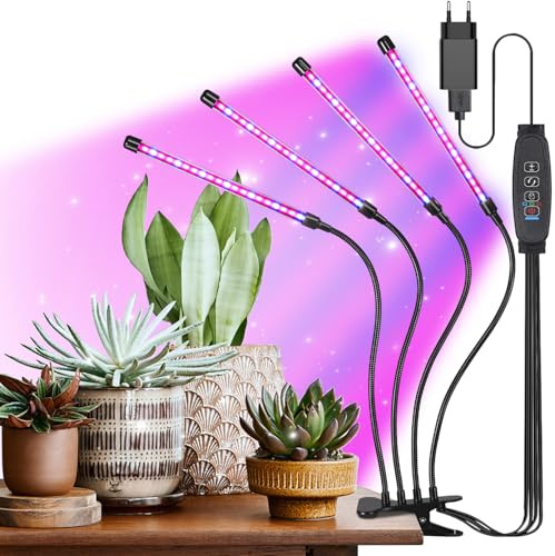 Hywyimlait 4-Kopf-Wachstumslichter für Zimmerpflanzen, 80 LEDs Clip-Pflanzenwachstumslichter, Vollspektrum-LED-Wachstumslampen mit flexiblem Schwanenhals und 3/9/12-Stunden-Timer, 10 dimmbare Stufen