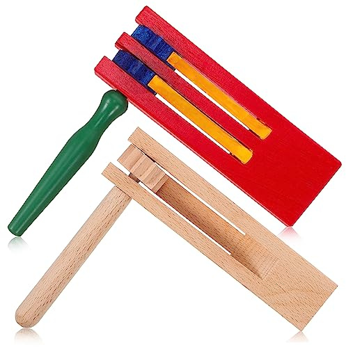 Toyvian 2pcs Wooden Soundboards Ratchet Noise Makers for Children Educational Handheld Castanet Set with Colorful Double Layer and Natural Wood Single Layer for Music Learning and Party Favors