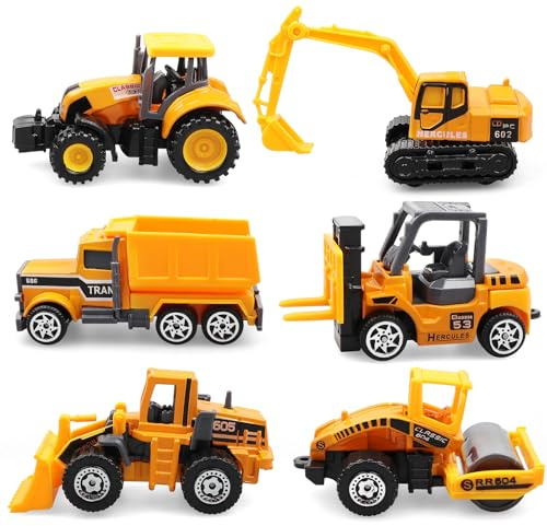 AtomDream Tech 6 Pack Diecast Construction Vehicle Toys, Mini Construction Trucks with Excavator, Dump Truck, Bulldozer & Cement Mixer, Toy Cars for Boys & Girls Ages 3, Party Favours