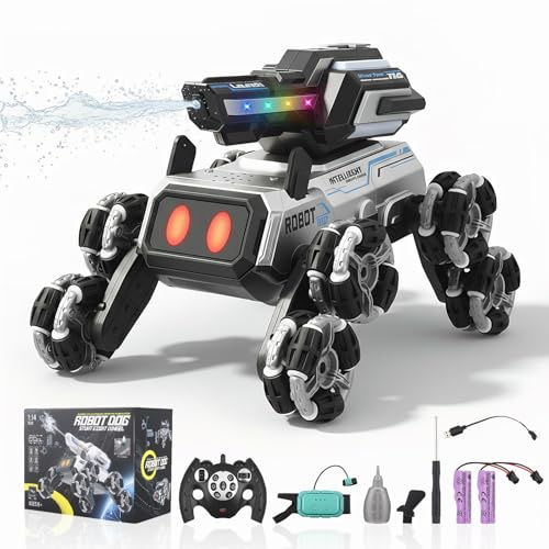 LIFEJXWEN Roboter Hund Spielzeug mit Wasser-Schießfunktion, 2.4G Fernbedienung & Gestensteuerung, 8 Mecanum Räder, LED-Augen, 360° Stunts, Geschenk für Kinder ab 6 Jahren
