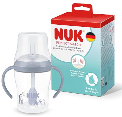 NUK Perfect Match Tasse d’apprentissage avec paille pour bébé | 8+ mois | 150 ml | Tasse avec paille anti-fuite pour bébé | Poignées antidérapantes | Bleu | Lot de 1