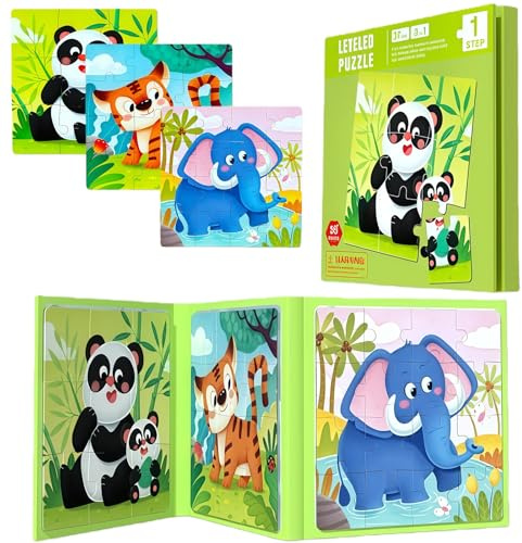 Kinderpuzzle Magnet Puzzle ab 3 4 5 Jahre, 37 Teile Magnetische Puzzle Für Reisen Kinder, Kinder Lernspielzeug für Kinde - Lernmagnet-Geschenk für den Roadtrip Flugzeug（Panda Tiger Elefanten）