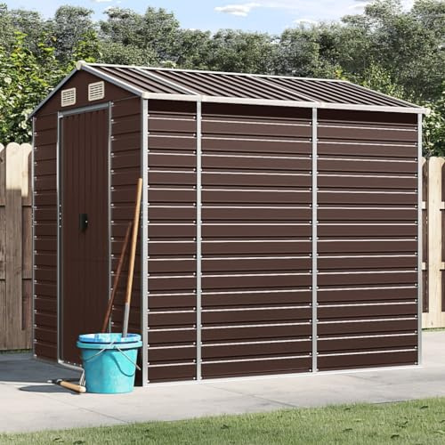 Iiaky Casetta per Attrezzi in Metallo con Tetto a Uno spiovente Capanno Attrezzi da Giardino Rimessa per Attrezzi da Esterno in Acciaio Zincato-Marrone-191 x 215 x 198 cm
