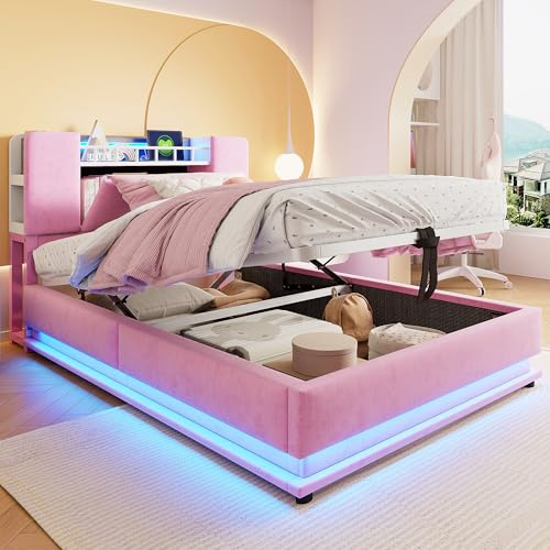 Dolamaní Polsterbett Einzelbett 90x200 cm, Hydraulischem Bett mit Stauraum, Jugendbett mit LED-Beleuchtung und USB, Boxspringbett mit Bettkasten, Fabric Upholstered, ohne Matratze (Rosa)