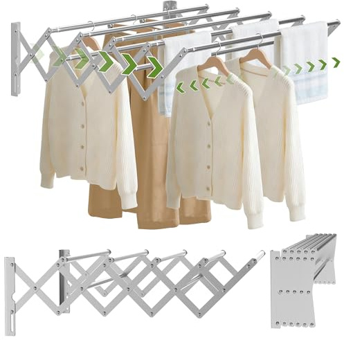 OUUTMEE Ausziehbarer Wäscheständer zur Wandmontage, Edelstahl, faltbarer Handtuchhalter, 42–80 cm, einziehbarer Wäscheständer für drinnen und draußen, Badezimmer, Balkon, Silber, klein