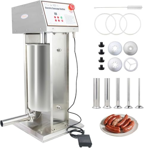 Hakka 10L Electric Sausage Stuffer Machine, 22lb Commercial Sausage Maker Machine with 4 S/S Funnels Automatic Stainless Steel Vertical Sausage Filling Maker