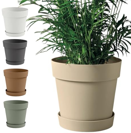Generico Vaso per piante da interno ed esterno in plastica ecologica, ideale per giardinaggio, bonsai e piante | Grande capacità, con sottovaso | Vasi da esterno e interni resistenti (Beige, Ø 30cm)