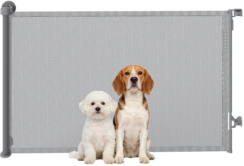 PawHut Retractable Stair Gate for Dogs, 140 cm Wide & 93 cm Tall Grey | Pet Gate, One Handed Operation, for Stairs, Hallways, Doorways, Indoor and Outdoor