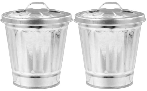 Uonlytech Cestino per Rifiuti Zincato in Ferro da Tavolo Coperchio e Manico, Mini Bidone della Spazzatura in Metallo Resistente, Set 2 Pezzi per Ufficio, Casa e Dormitorio