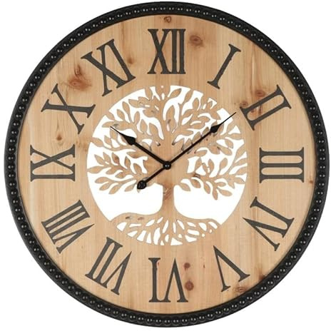 DRW Orologio da parete rotondo albero della vita in legno naturale e nero 60 x 60 x 4,5 cm