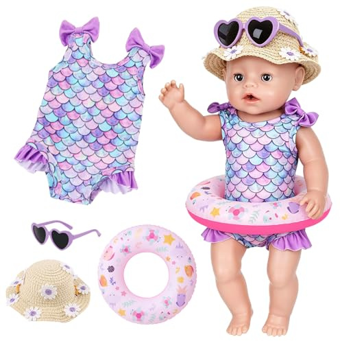 4 Pcs Swimming Baby Doll Clothes for 14-17 inch Swimming Doll | Swimsuits with Purple Mermaid Bikini Swimming Ring Sunglasses Daisy Straw Hat for 35-45 cm NewBorn Baby Dolls Kids Girls Gift