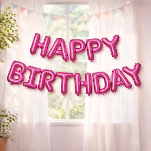 Trimming Shop Happy Birthday Luftballons Banner, selbstaufblasend, 16 Zoll Alphabet Folienballon mit Band, Happy Birthday Buchstaben Folienballons, Jungen Mädchen Geburtstag Party Dekoration, Hot Pink