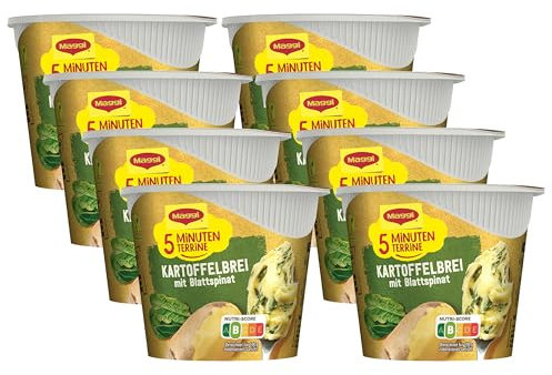 MAGGI 5 Minuten Terrine Kartoffelbrei mit Blattspinat, leckeres Fertiggericht mit Spinat, Instant Kartoffel-Püree, Kartoffel-Snack. 8er Pack (8 x 47 g)