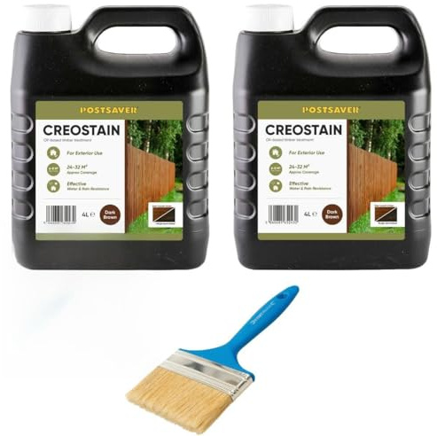 Postsaver Creostain Creocote Oil-Based Wood Treatment | Creosote Substitute | Exterior Wood Stain and Preserver | Fence Treatment | Lower VOC | Pack of 2 + Brush (Dark Brown)
