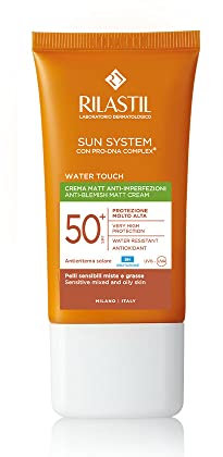 Rilastil Sun System Water Touch Fluido Comfort, Fluido Solare Idratante e Antiossidante, Effetto Matt, SPF 50+, per Pelli Sensibili, Normali e Miste, Confezione da 50 ml