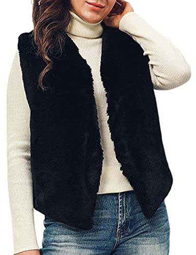 Handcess Gilet donna in pelliccia sintetica Nero Cappotto corto senza maniche Giacca Inverno Gilet caldo Outwear per Primavera Autunno e Inverno(L)